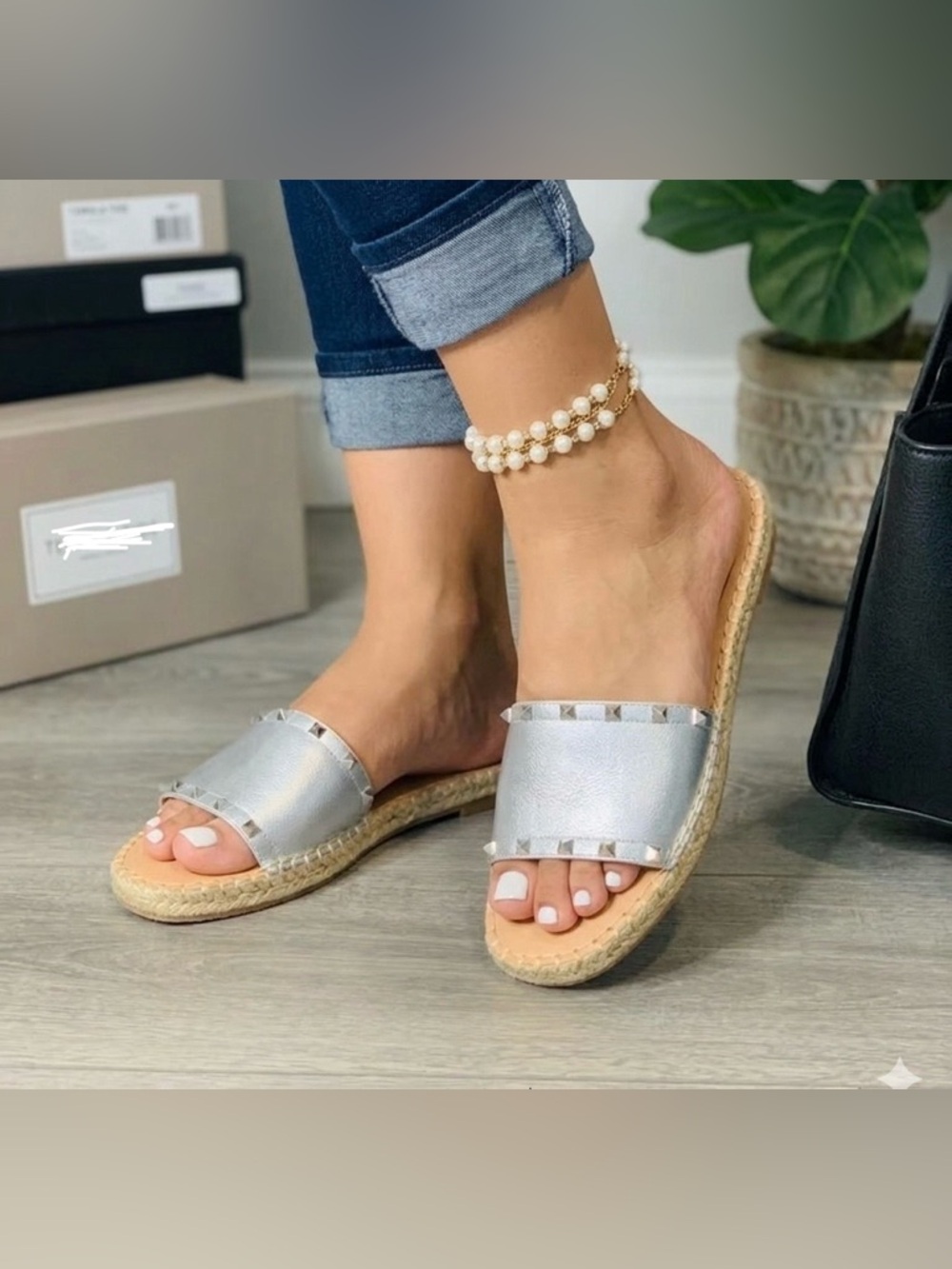 NEW Silver Metallic‎ Studded Espadrille Slide Sandals Flat Summer Shoes Summer